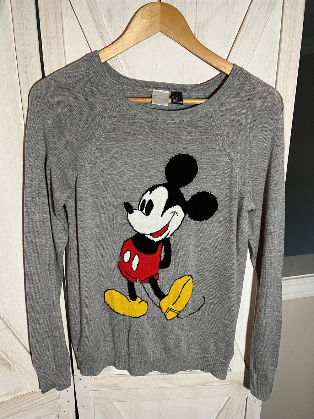 Disney Grey Mickey Mouse Knit Crewneck Sweater with Red & Yellow Accent